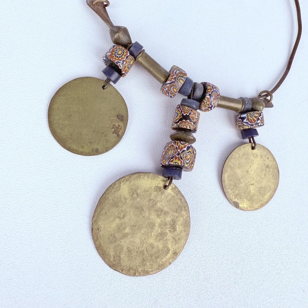 Vintage Artisan Brass Disc Necklace Polymer Clay Beads Boho Statement Indie Gift